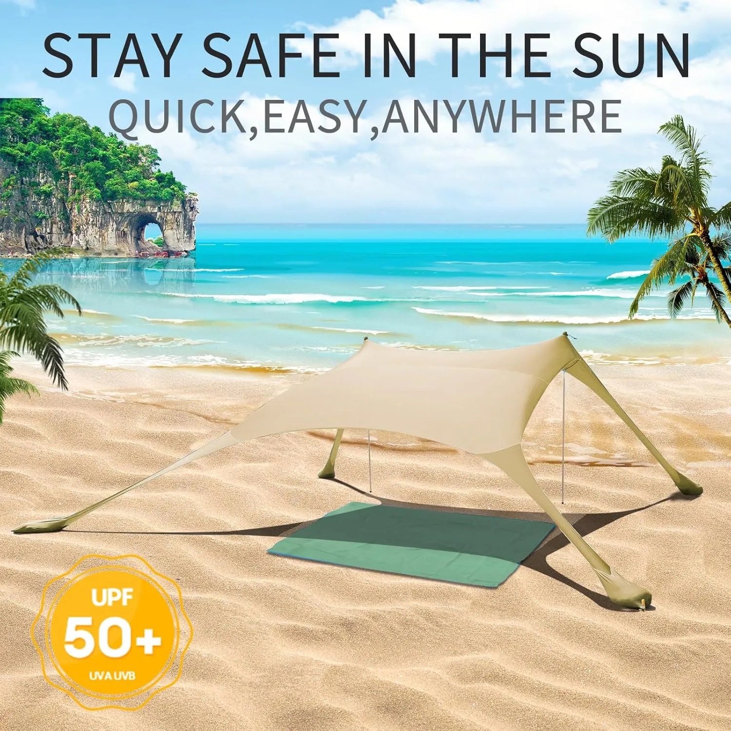 7×7 FT Beach Tent Sun Shelter UPF50  UV Protection, Outdoor Canopy Tent Sun Shade with 2 Poles for Camping, Beach, Fishing, Backyard and Picnics