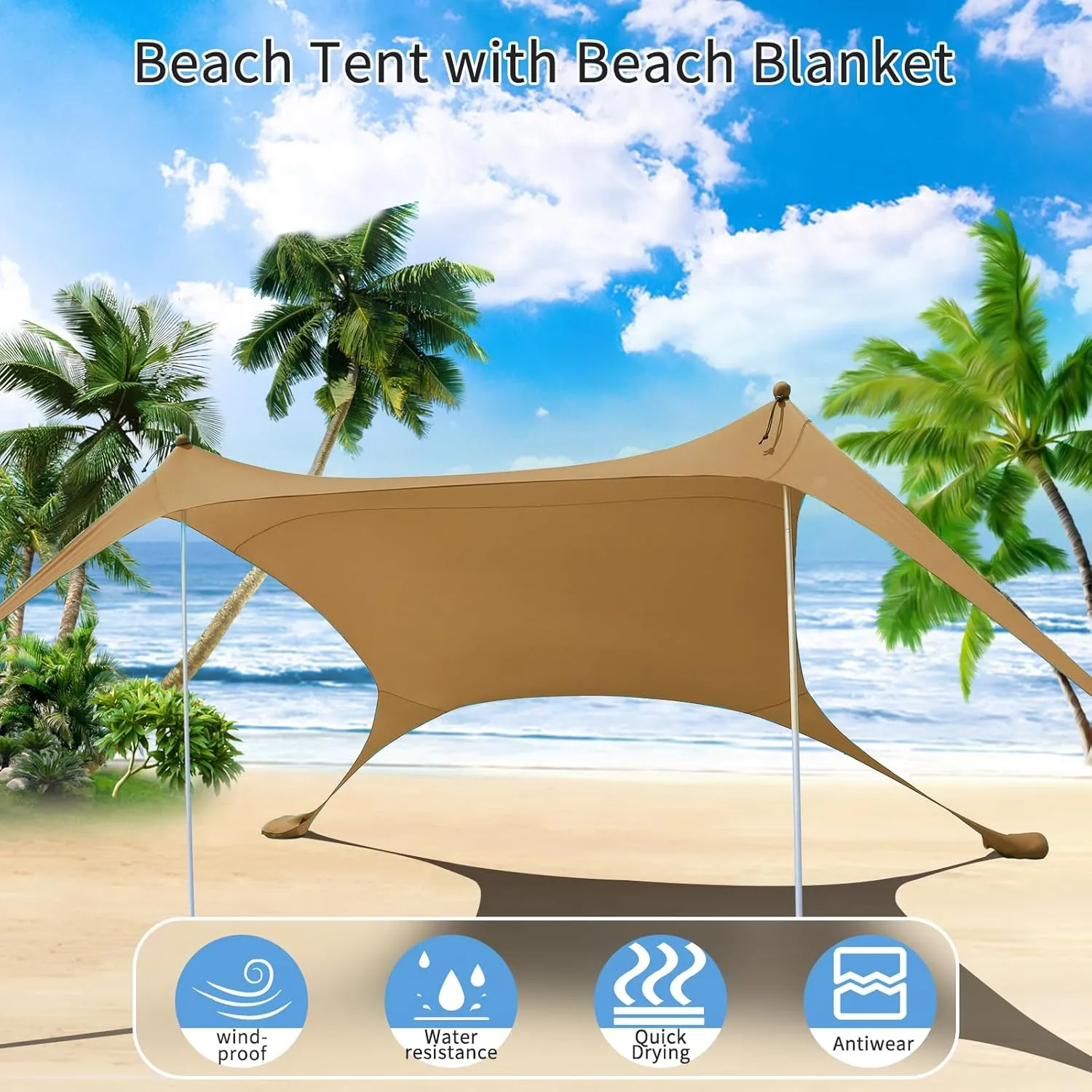 7×7 FT Beach Tent Sun Shelter UPF50  UV Protection, Outdoor Canopy Tent Sun Shade with 2 Poles for Camping, Beach, Fishing, Backyard and Picnics