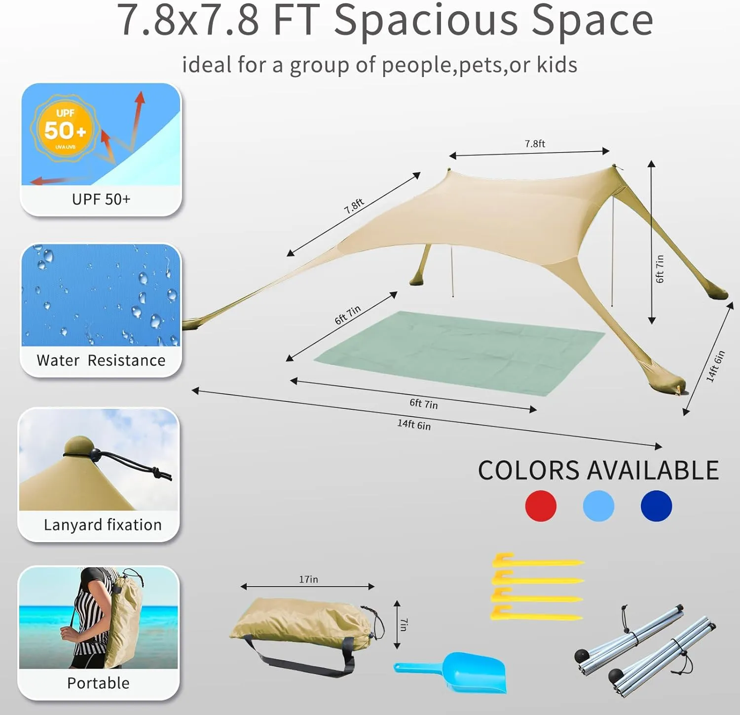 7×7 FT Beach Tent Sun Shelter UPF50  UV Protection, Outdoor Canopy Tent Sun Shade with 2 Poles for Camping, Beach, Fishing, Backyard and Picnics
