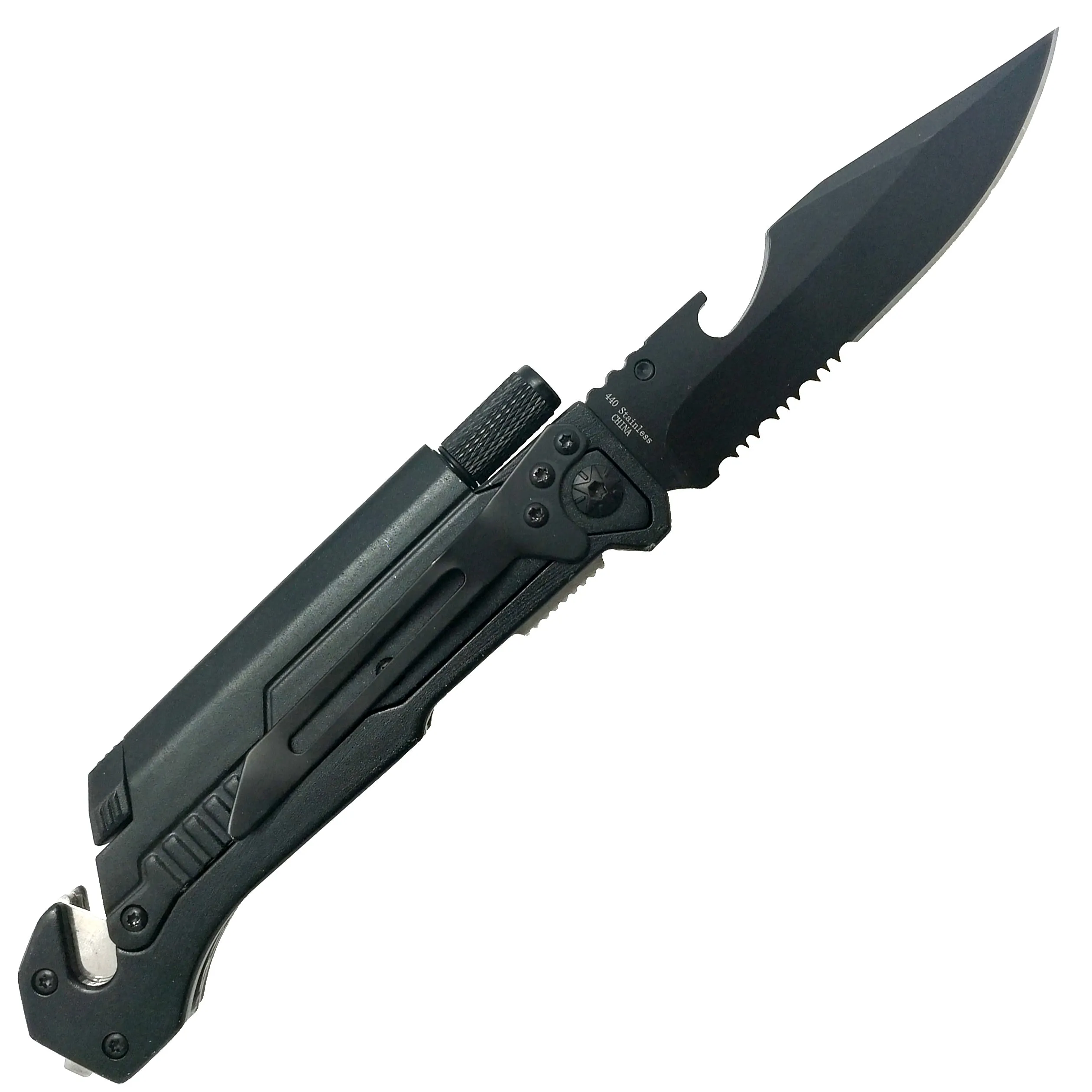 8 1/2" Folding Knife with LED light, cutter, glass breaker