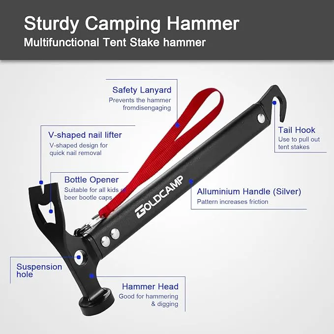 8 pack Tent stakes and hammer with Canvas Storage Bag, Heavy Duty Camping Stakes for Outdoor Tent & tarp-Essential Accessories, Carbon Steel Aluminum Camping Hammer for Hiking Kit