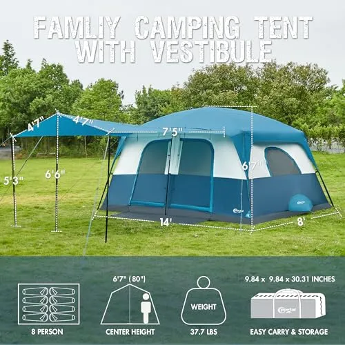 8-Person Family Camping Tent w/ Porch,Big Family Camping Tent