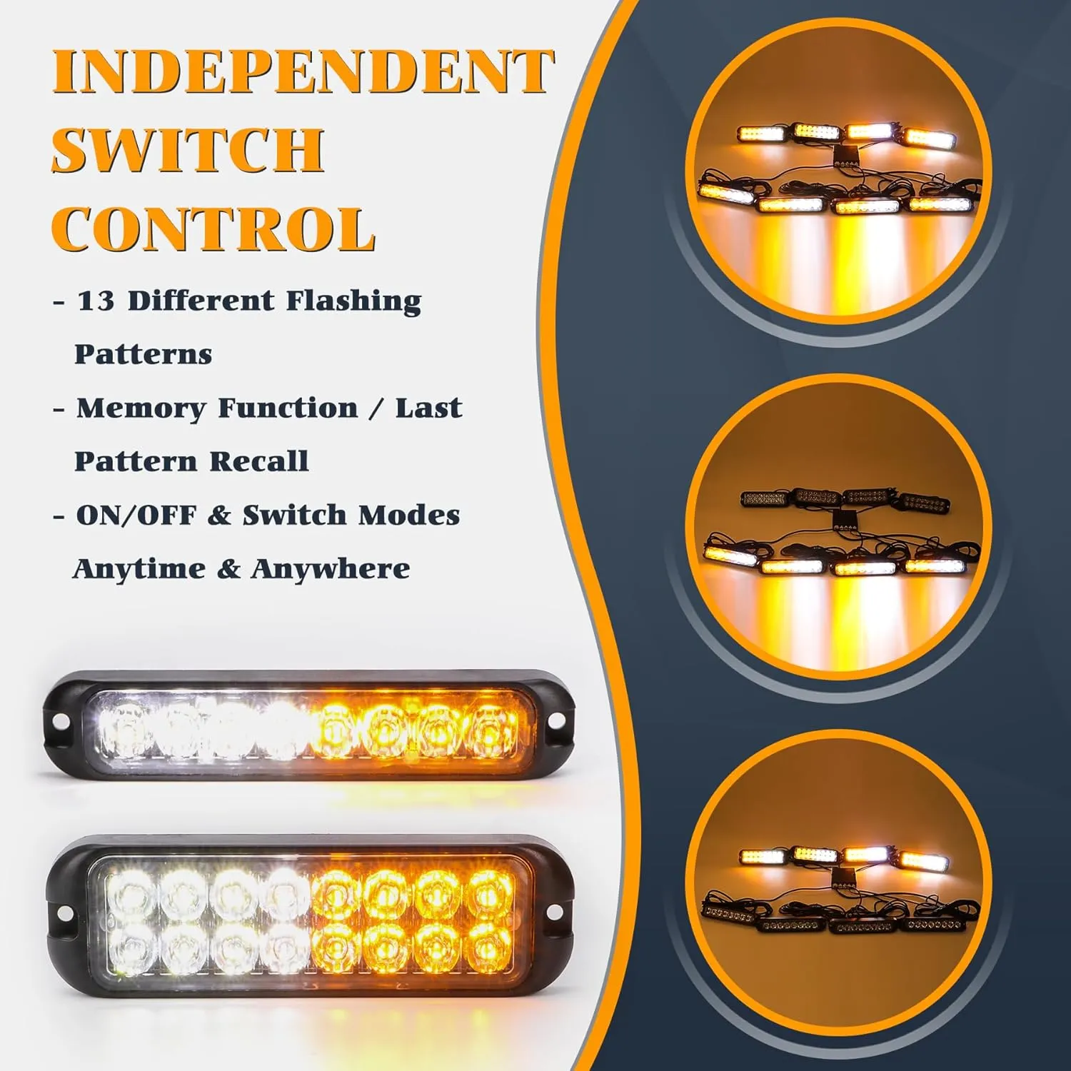 8PCS LED Amber White Strobe Lights Kit 8-LED 16-LED Sync Feature Ultra Slim Emergency Hazard Warning Flashing Caution Light Surface Mount for Construction Trucks Vehicles ATV RV Cars Waterproof