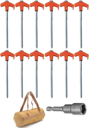 8" Screw in Tent Stakes - Ground Anchors Screw in, Screw in Tent Stakes Heavy Duty, Tent Pegs Camping Stakes, Metal Threaded Tent Spikes, Screw Tent Stakes with Hex Sleeves (12Pcs Bag Orange)