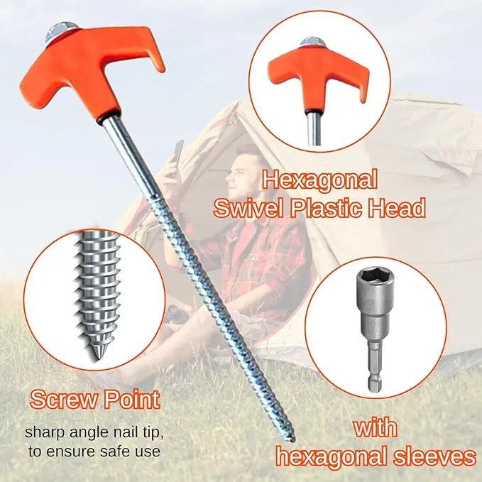 8" Screw in Tent Stakes - Ground Anchors Screw in, Screw in Tent Stakes Heavy Duty, Tent Pegs Camping Stakes, Metal Threaded Tent Spikes, Screw Tent Stakes with Hex Sleeves (12Pcs Box Orange)