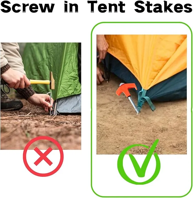 8" Screw in Tent Stakes - Ground Anchors Screw in, Screw in Tent Stakes Heavy Duty, Tent Pegs Camping Stakes, Metal Threaded Tent Spikes, Screw Tent Stakes with Hex Sleeves (12Pcs Box Orange)