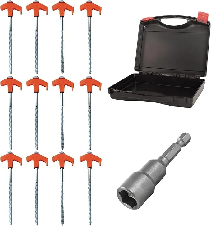 8" Screw in Tent Stakes - Ground Anchors Screw in, Screw in Tent Stakes Heavy Duty, Tent Pegs Camping Stakes, Metal Threaded Tent Spikes, Screw Tent Stakes with Hex Sleeves (12Pcs Box Orange)