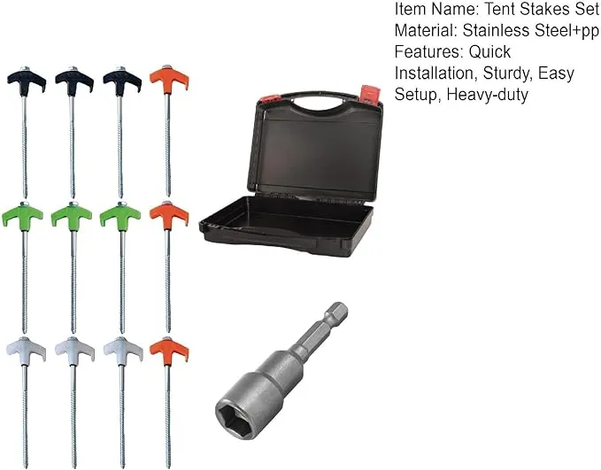 8" Screw in Tent Stakes - Ground Anchors Screw in, Screw in Tent Stakes Heavy Duty, Tent Pegs Camping Stakes, Metal Threaded Tent Spikes, Screw Tent Stakes with Hex Sleeves (12Pcs Box Orange)