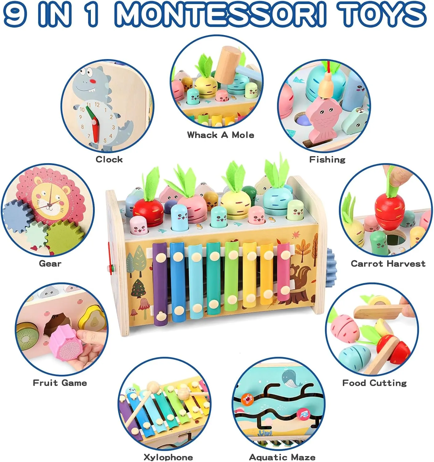 9 in 1 Montessori Toys for 1 Year Old, Wooden Hammering Pounding Toy Whack A Mole Game for Toddlers with Xylophone Toddler Activities for Baby 1 2 3 Year Old Girl Boy Birthday Gift