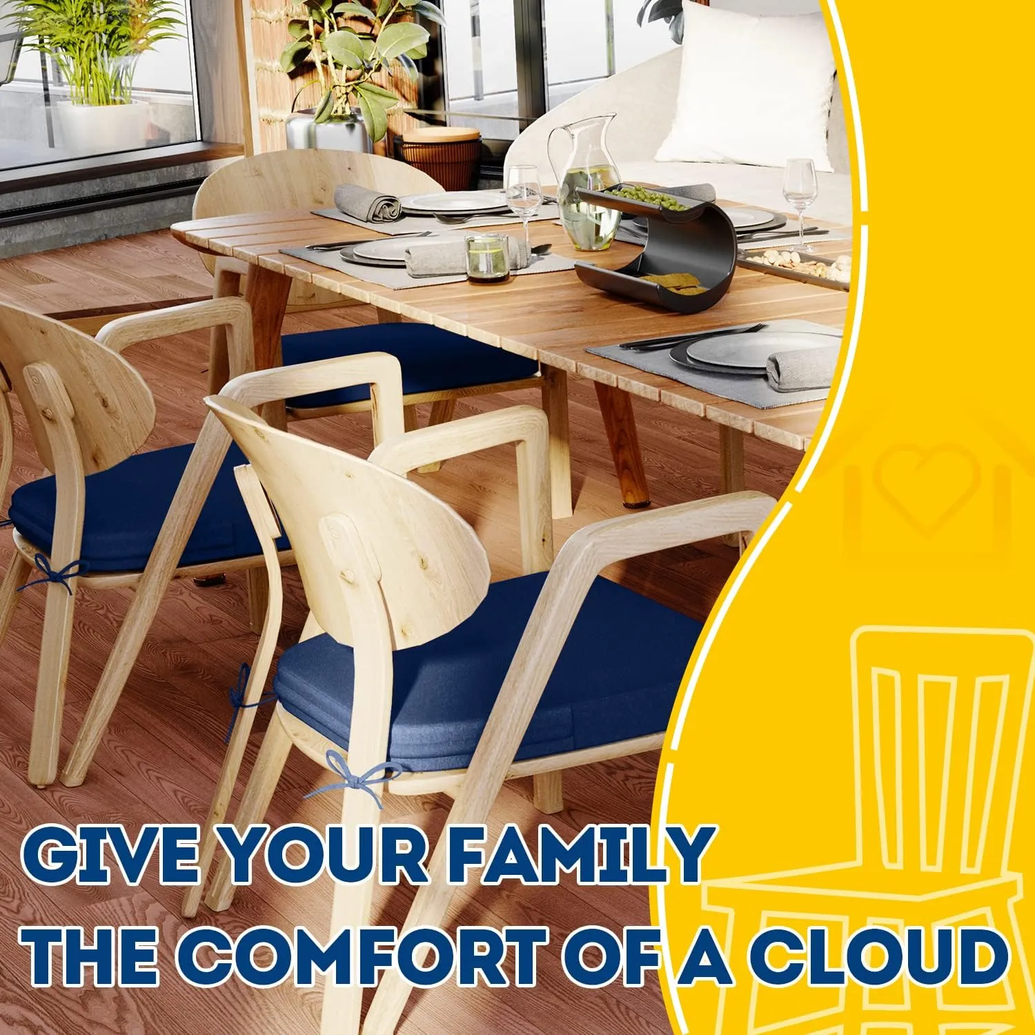 AAAAAcessories D-Shaped Chair Cushions, 2" Thick Dining Chair Pads with Ties and Removable, Machine-Washable Cover, 17" x 16", Set of 4, Blue