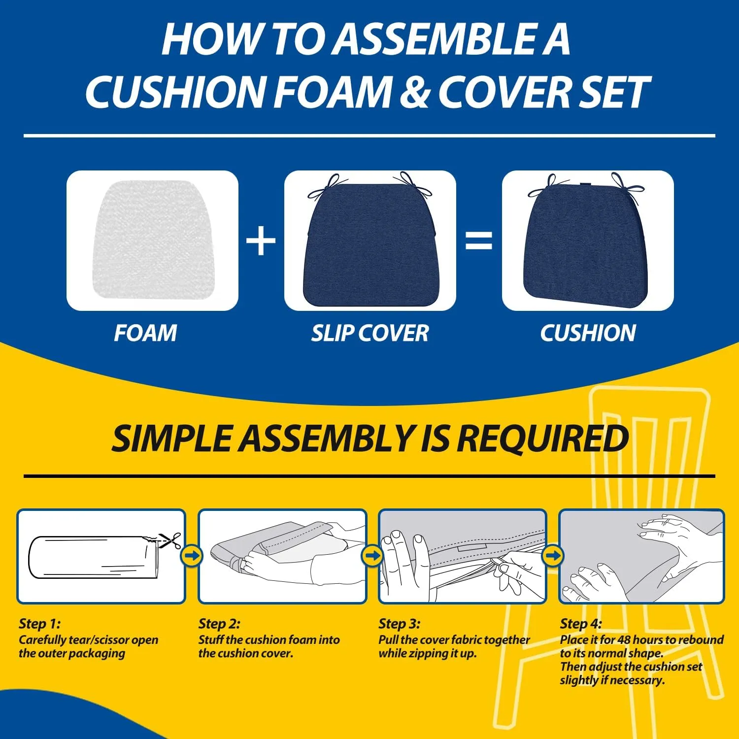 AAAAAcessories D-Shaped Chair Cushions, 2" Thick Dining Chair Pads with Ties and Removable, Machine-Washable Cover, 17" x 16", Set of 4, Blue