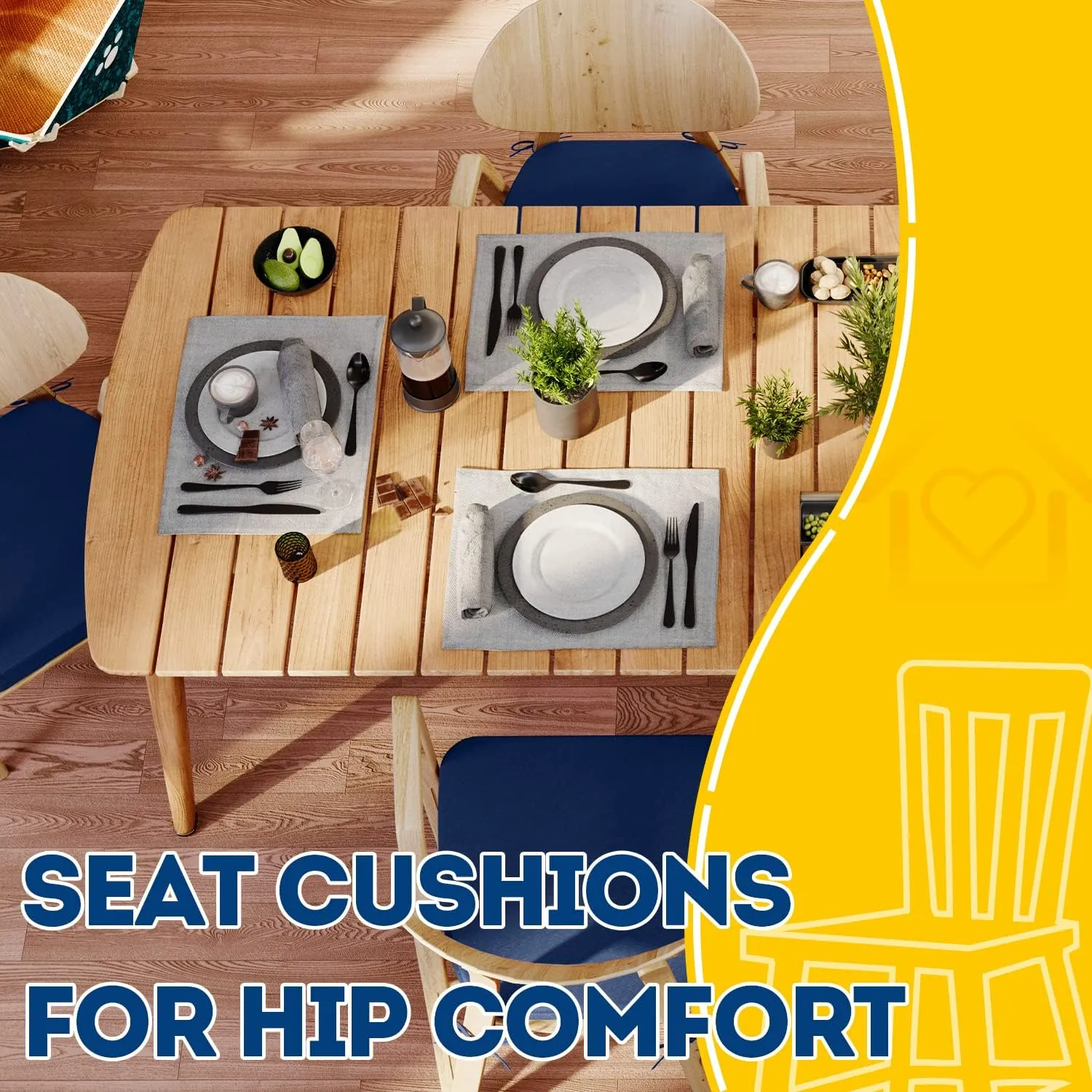 AAAAAcessories D-Shaped Chair Cushions, 2" Thick Dining Chair Pads with Ties and Removable, Machine-Washable Cover, 17" x 16", Set of 4, Blue