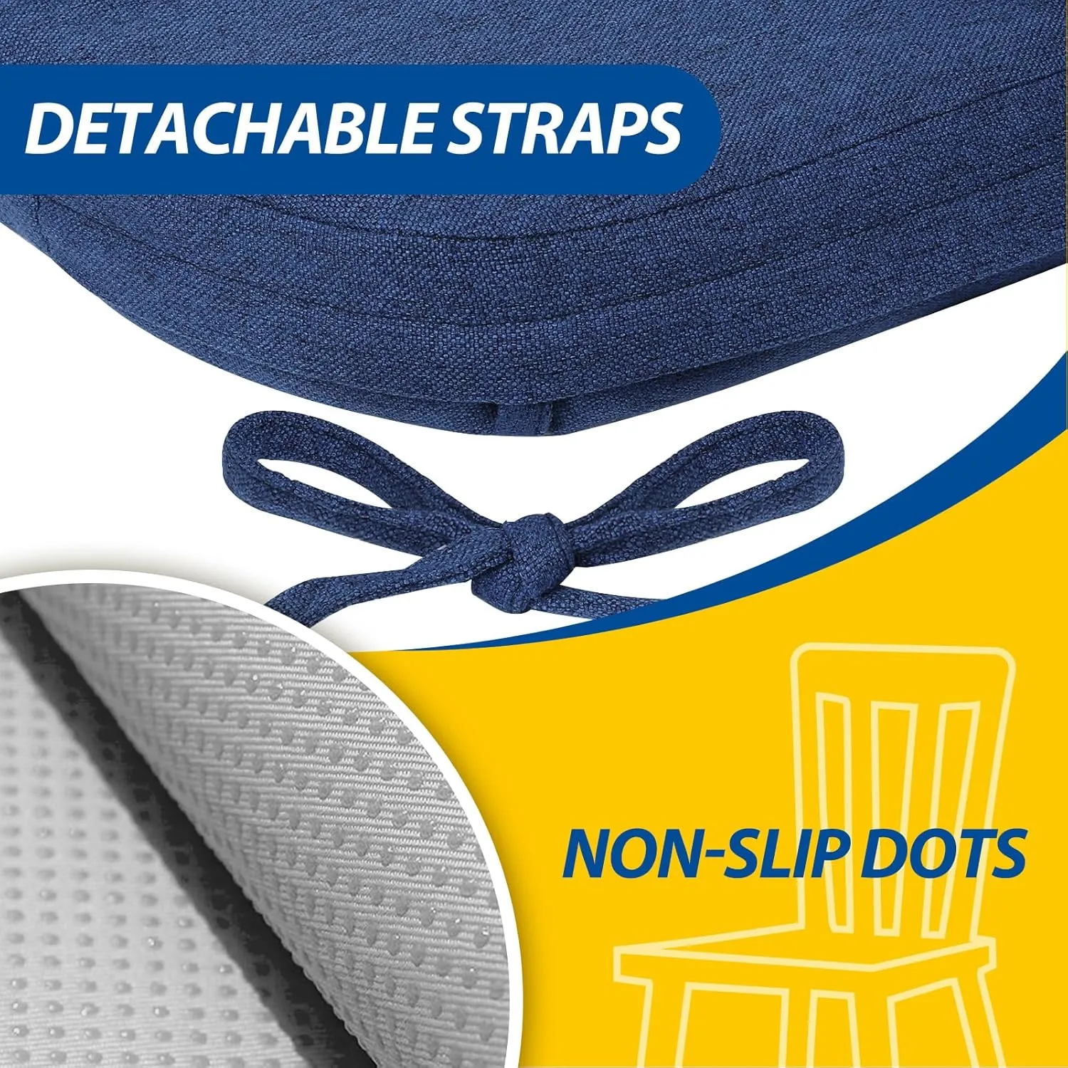 AAAAAcessories D-Shaped Chair Cushions, 2" Thick Dining Chair Pads with Ties and Removable, Machine-Washable Cover, 17" x 16", Set of 4, Blue