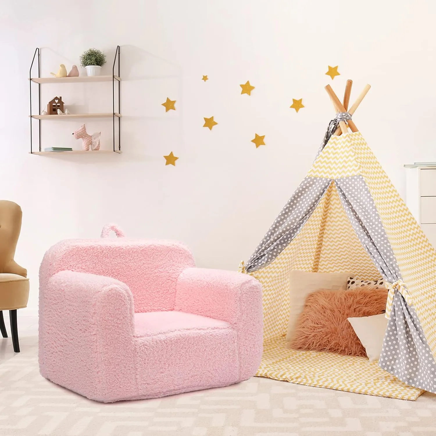 ALIMORDEN Kids Ultra-Soft Snuggle Foam Filled Chair, Toddler Cuddly Sherpa Reading Couch for Boys and Girls, Pink