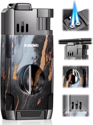 All-in-one Torch Lighter with Built-in V Cutter, Holder, Gift for Men, Multifunctional Accessories, Refillable Butane Dual Jet Flames, Windproof Adjustable Torch Lighters for Travel, Outdoors