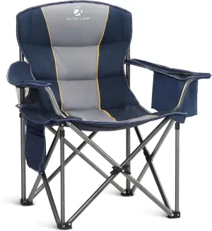 ALPHA CAMP Oversized Camping Folding Chair Heavy Duty with Cooler Bag Support 450 LBS Steel Frame Collapsible Padded Arm Quad Lumbar Back Chair Portable for Lawn Outdoor,Blue