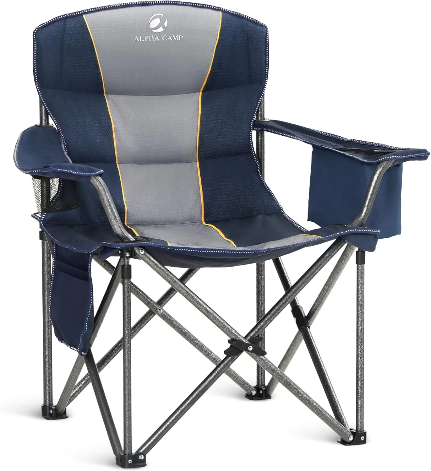 ALPHA CAMP Oversized Camping Folding Chair Heavy Duty with Cooler Bag Support 450 LBS Steel Frame Collapsible Padded Arm Quad Lumbar Back Chair Portable for Lawn Outdoor,Blue
