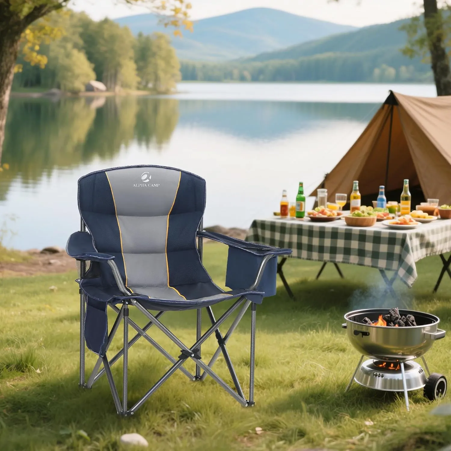 ALPHA CAMP Oversized Camping Folding Chair Heavy Duty with Cooler Bag Support 450 LBS Steel Frame Collapsible Padded Arm Quad Lumbar Back Chair Portable for Lawn Outdoor,Blue