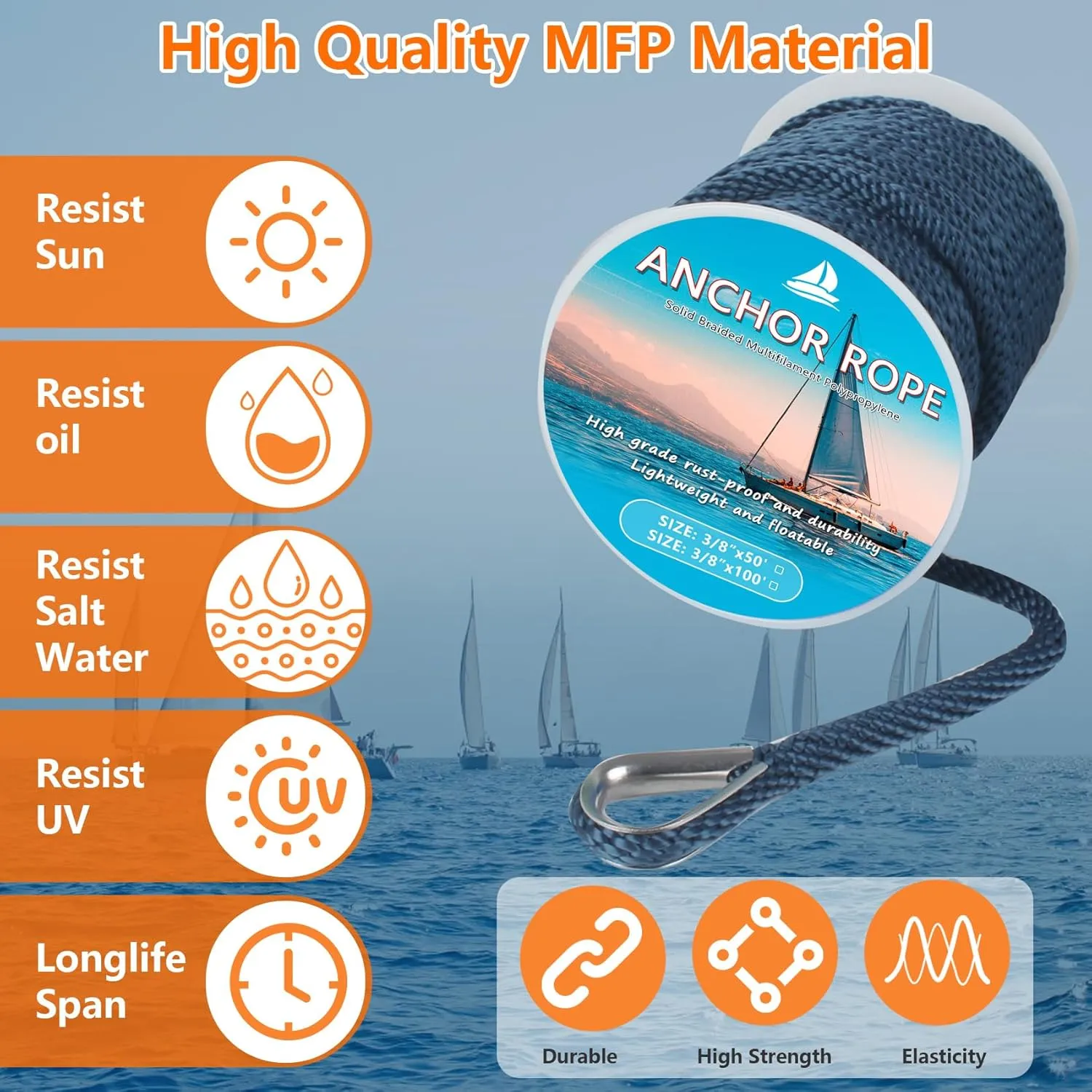 Anchor Rope 50 ft x 3/8 inch, Premium Solid Braid MFP Anchor Line, Boat Anchor Rope with 316 Stainless Steel Thimble & Shackle, Navy Blue