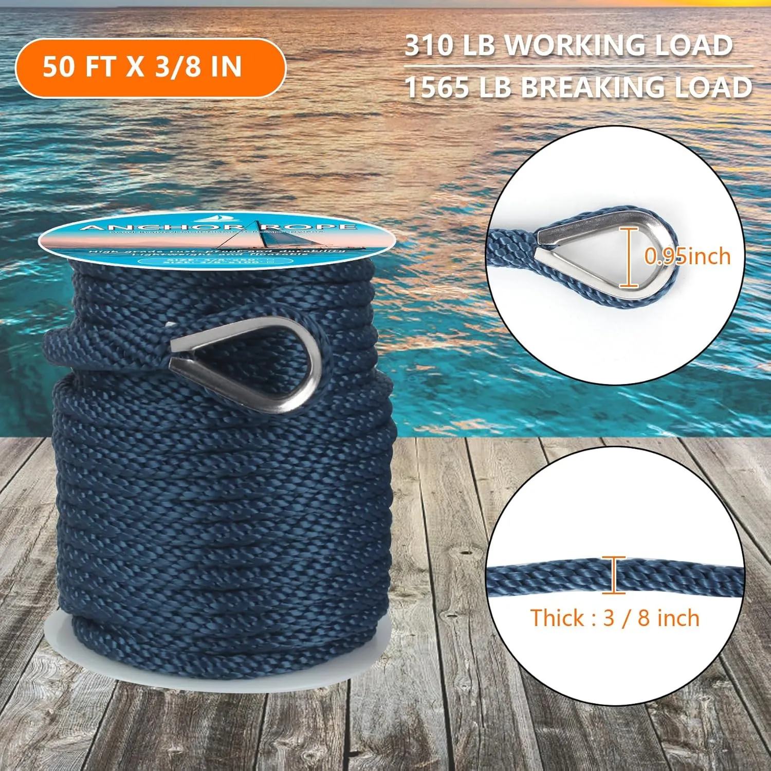 Anchor Rope 50 ft x 3/8 inch, Premium Solid Braid MFP Anchor Line, Boat Anchor Rope with 316 Stainless Steel Thimble & Shackle, Navy Blue