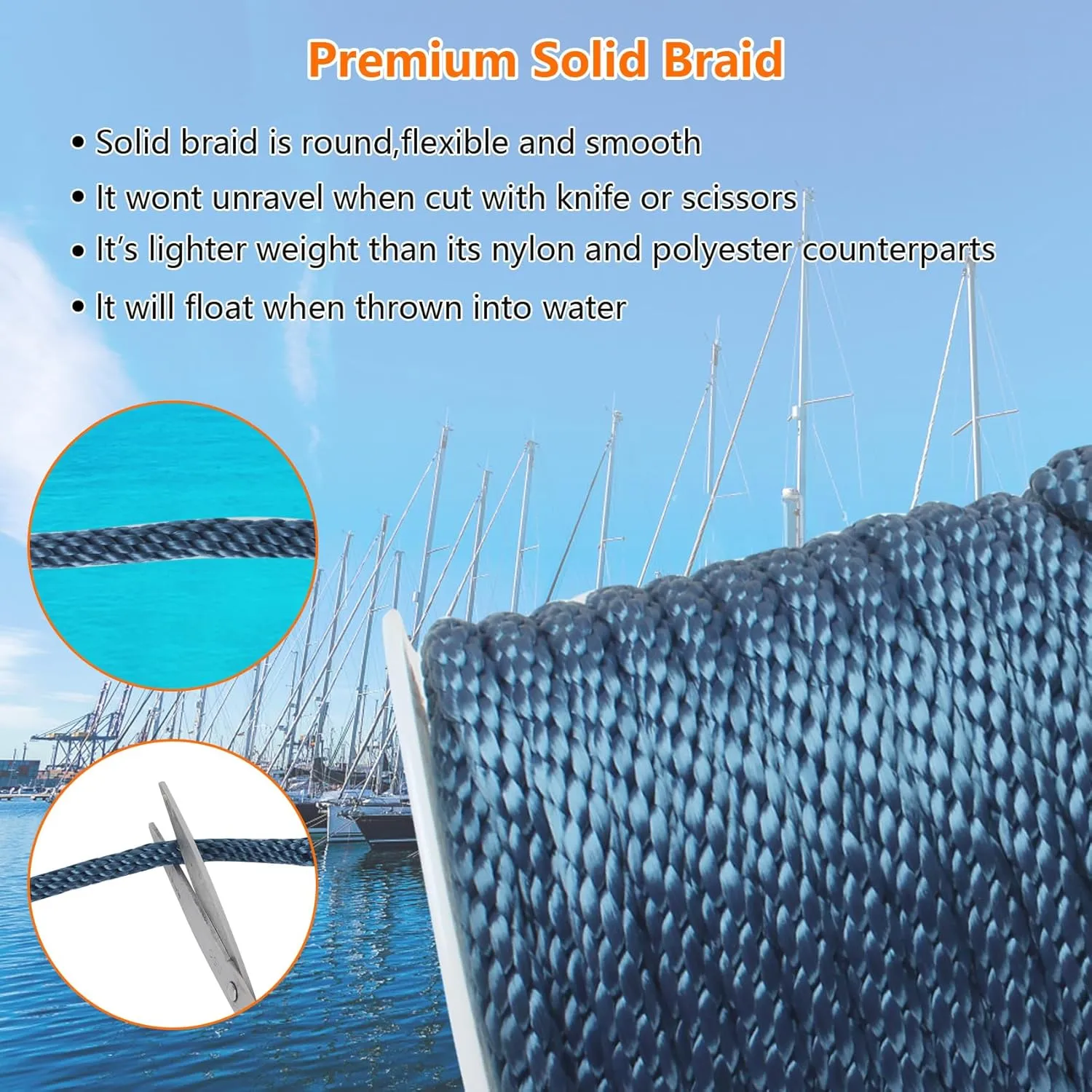 Anchor Rope 50 ft x 3/8 inch, Premium Solid Braid MFP Anchor Line, Boat Anchor Rope with 316 Stainless Steel Thimble & Shackle, Navy Blue