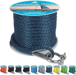 Anchor Rope 50 ft x 3/8 inch, Premium Solid Braid MFP Anchor Line, Boat Anchor Rope with 316 Stainless Steel Thimble & Shackle, Navy Blue