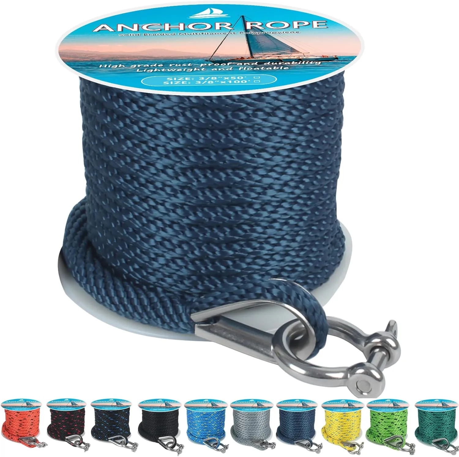 Anchor Rope 50 ft x 3/8 inch, Premium Solid Braid MFP Anchor Line, Boat Anchor Rope with 316 Stainless Steel Thimble & Shackle, Navy Blue