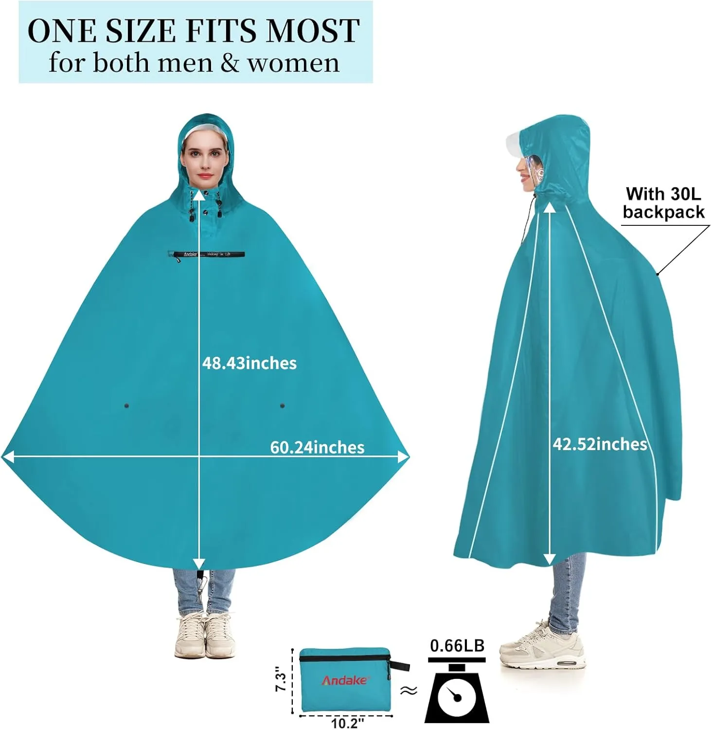 Andake Hooded Rain Poncho for Adults Waterproof Lightweight Raincoat for Men & Women Reusable Rain Ponchos for Cycling