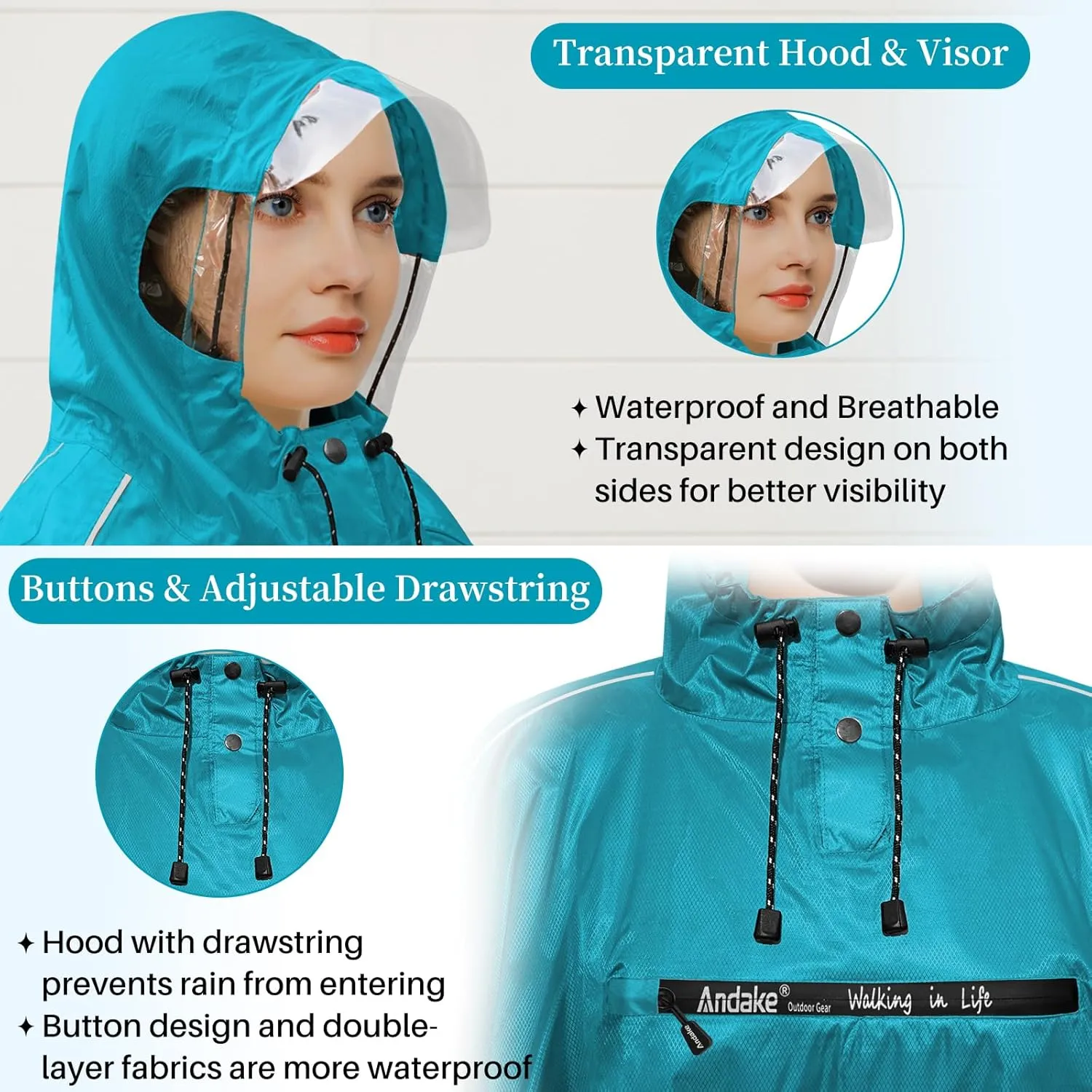 Andake Hooded Rain Poncho for Adults Waterproof Lightweight Raincoat for Men & Women Reusable Rain Ponchos for Cycling