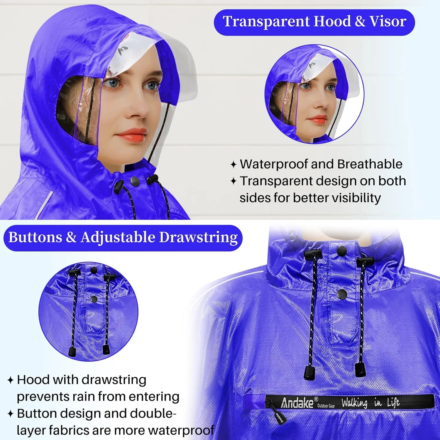 Andake Hooded Rain Poncho for Adults Waterproof Lightweight Raincoat for Men & Women Reusable Rain Ponchos for Cycling