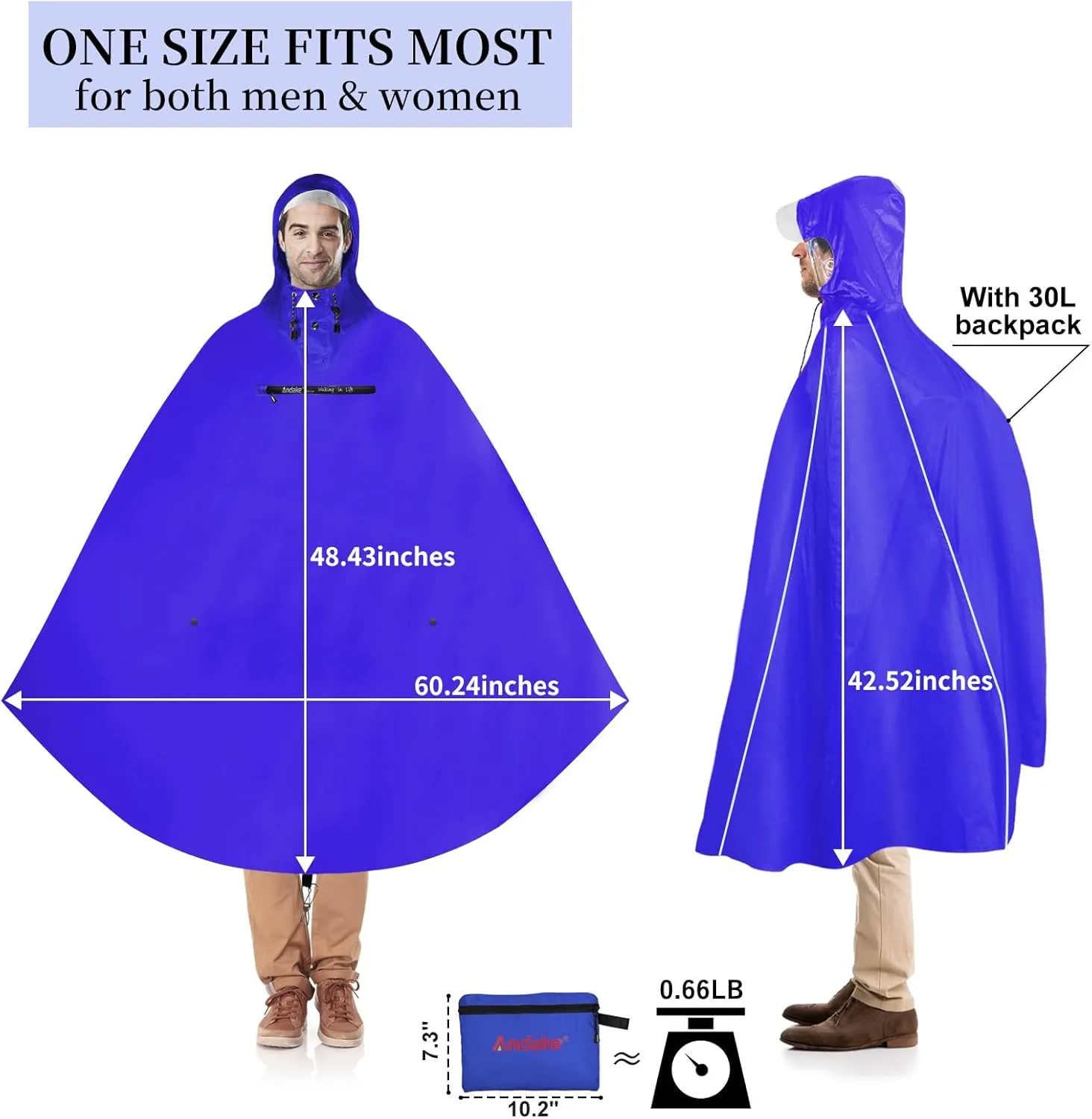 Andake Hooded Rain Poncho for Adults Waterproof Lightweight Raincoat for Men & Women Reusable Rain Ponchos for Cycling