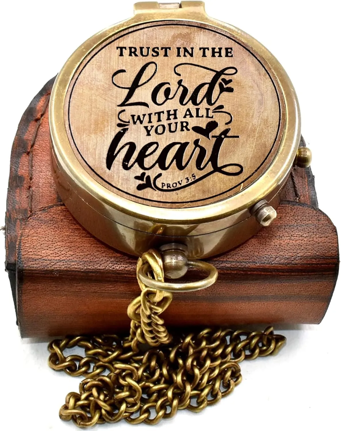 Antique Brass Compass Lord with All Your Heart | Engraved Pocket Chain Compass with Leather Case for Outdoor Hiking Traveling Use