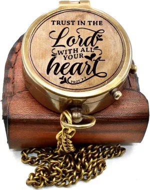 Antique Brass Compass Lord with All Your Heart | Engraved Pocket Chain Compass with Leather Case for Outdoor Hiking Traveling Use