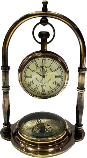 Antique Brass Desk & Shelf Clock with Compass Base, Vintage Look Table Clock, Style Maritime Ship Desk Gift, Table Clock, Brass Desk Clock (Roman Dial)