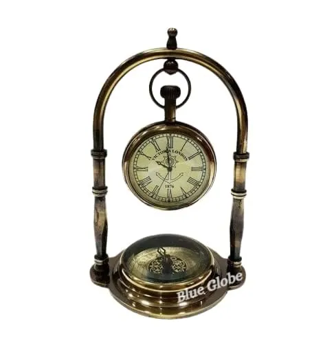 Antique Brass Desk & Shelf Clock with Compass Base, Vintage Look Table Clock, Style Maritime Ship Desk Gift, Table Clock, Brass Desk Clock (Roman Dial)