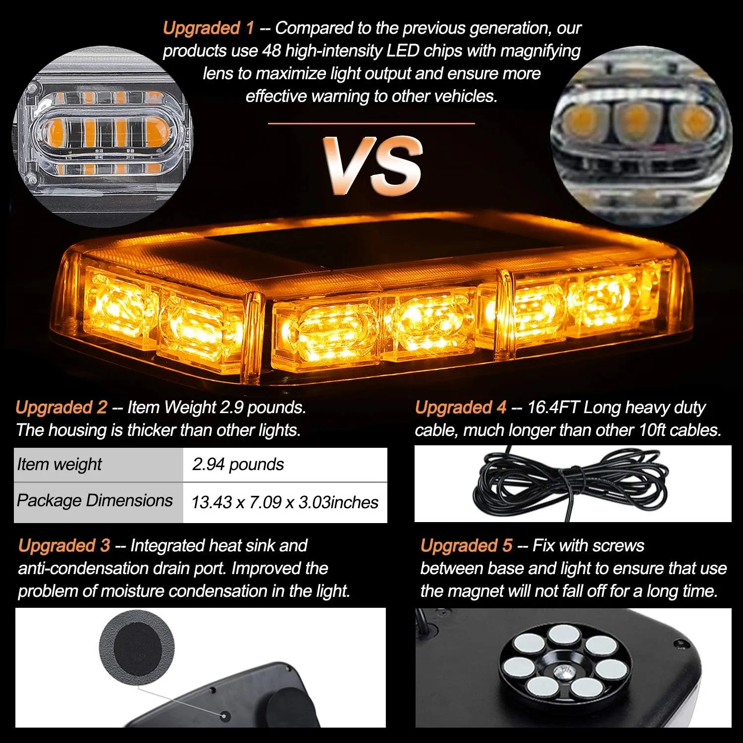 ASPL [Upgraded 5 48LED Roof Top Strobe Lights, High Visibility Emergency Safety Warning LED Mini Strobe Light bar with Magnetic Base for 12-24V Snow Plow, Trucks, Construction Vehicles (Amber)