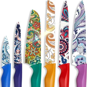 Astercook Paisley Pattern Knife Set with Cover, Dishwasher Safe Colorful Knives with 6 Knife Sheath, German Stainless Steel Rainbow Knife Set