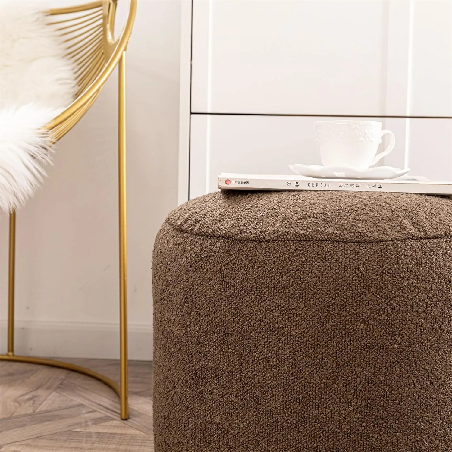 Asuprui Supportive Boucle Ottoman Foot Rest Elevate Your Living Room Decor with Lightweight Pouf Ottoman Filler and Comfort Cover Modern Foam Stuffed Poof Perfect to Rest Your Feet (Dark Coffee)
