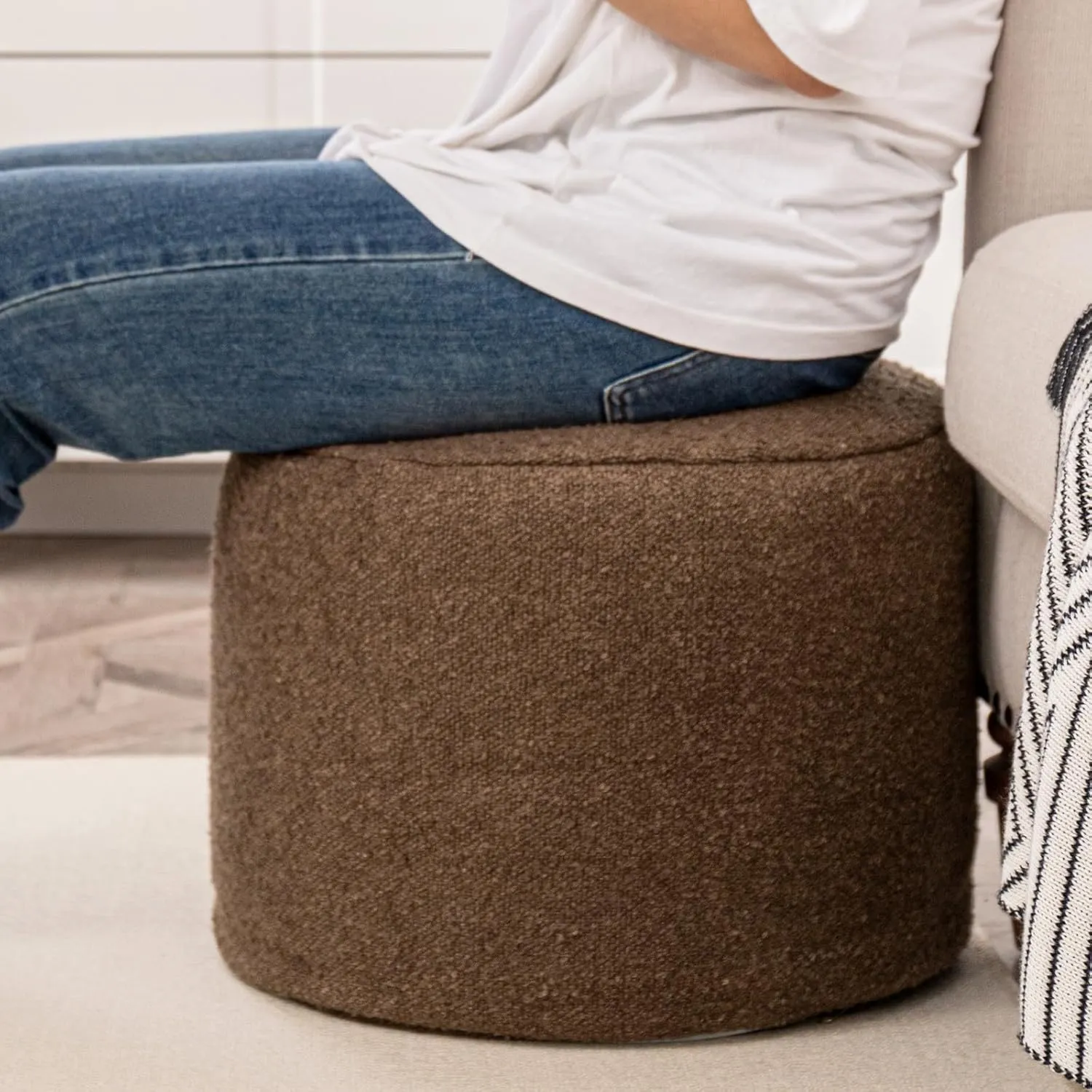 Asuprui Supportive Boucle Ottoman Foot Rest Elevate Your Living Room Decor with Lightweight Pouf Ottoman Filler and Comfort Cover Modern Foam Stuffed Poof Perfect to Rest Your Feet (Dark Coffee)