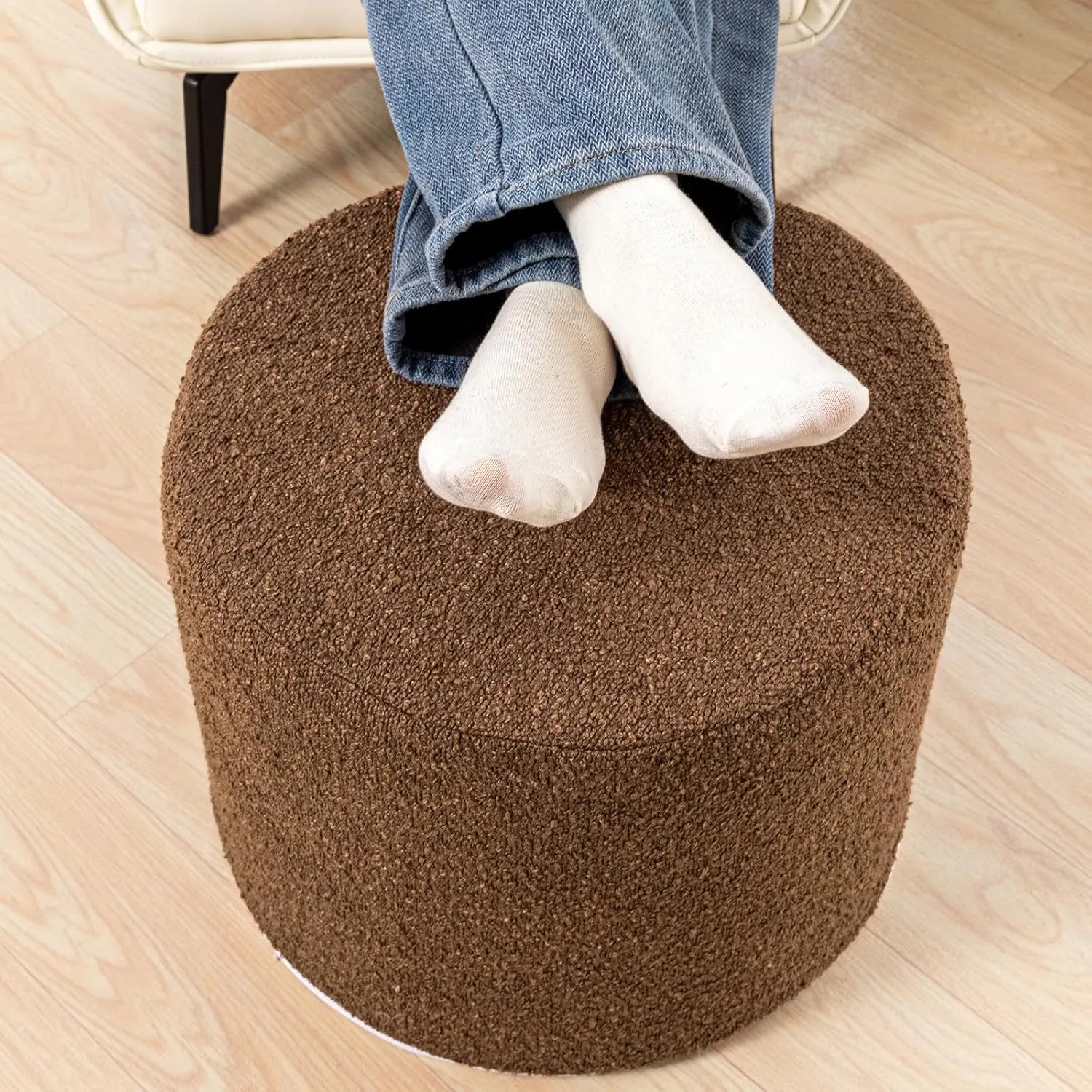 Asuprui Supportive Boucle Ottoman Foot Rest Elevate Your Living Room Decor with Lightweight Pouf Ottoman Filler and Comfort Cover Modern Foam Stuffed Poof Perfect to Rest Your Feet (Dark Coffee)