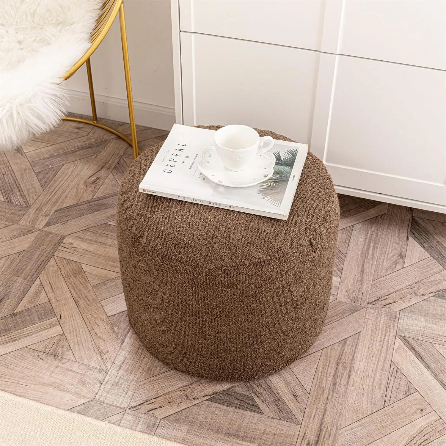 Asuprui Supportive Boucle Ottoman Foot Rest Elevate Your Living Room Decor with Lightweight Pouf Ottoman Filler and Comfort Cover Modern Foam Stuffed Poof Perfect to Rest Your Feet (Dark Coffee)