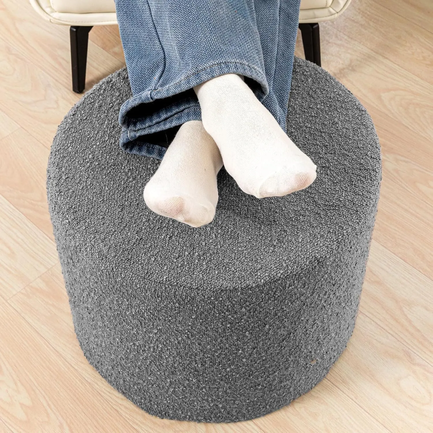Asuprui Supportive Boucle Ottoman Foot Rest Elevate Your Living Room Decor with Lightweight Pouf Ottoman Filler and Comfort Cover Modern Foam Stuffed Poof Perfect to Rest Your Feet (Dark Gray)
