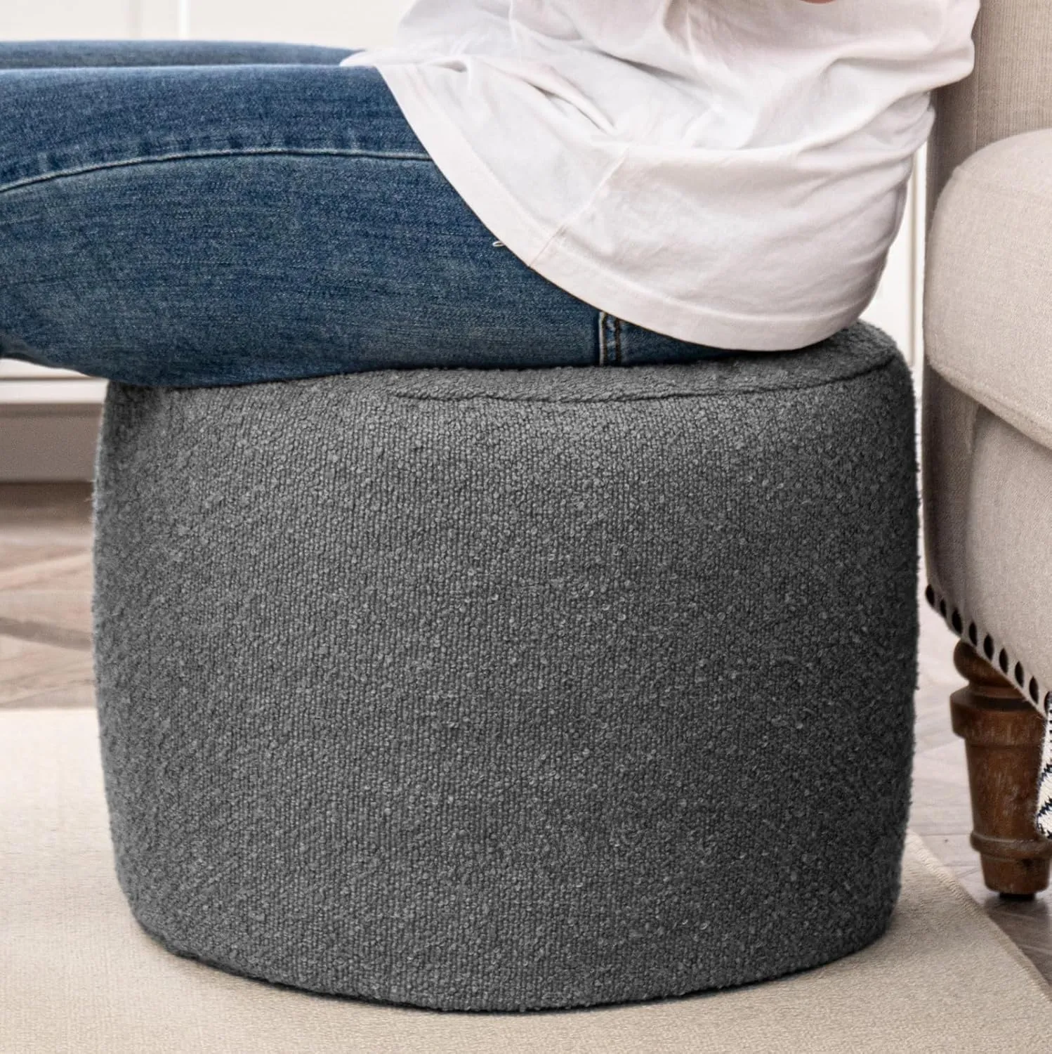 Asuprui Supportive Boucle Ottoman Foot Rest Elevate Your Living Room Decor with Lightweight Pouf Ottoman Filler and Comfort Cover Modern Foam Stuffed Poof Perfect to Rest Your Feet (Dark Gray)