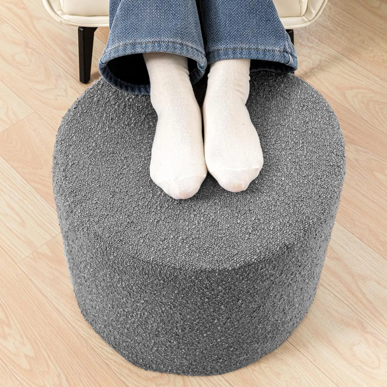 Asuprui Supportive Boucle Ottoman Foot Rest Elevate Your Living Room Decor with Lightweight Pouf Ottoman Filler and Comfort Cover Modern Foam Stuffed Poof Perfect to Rest Your Feet (Dark Gray)