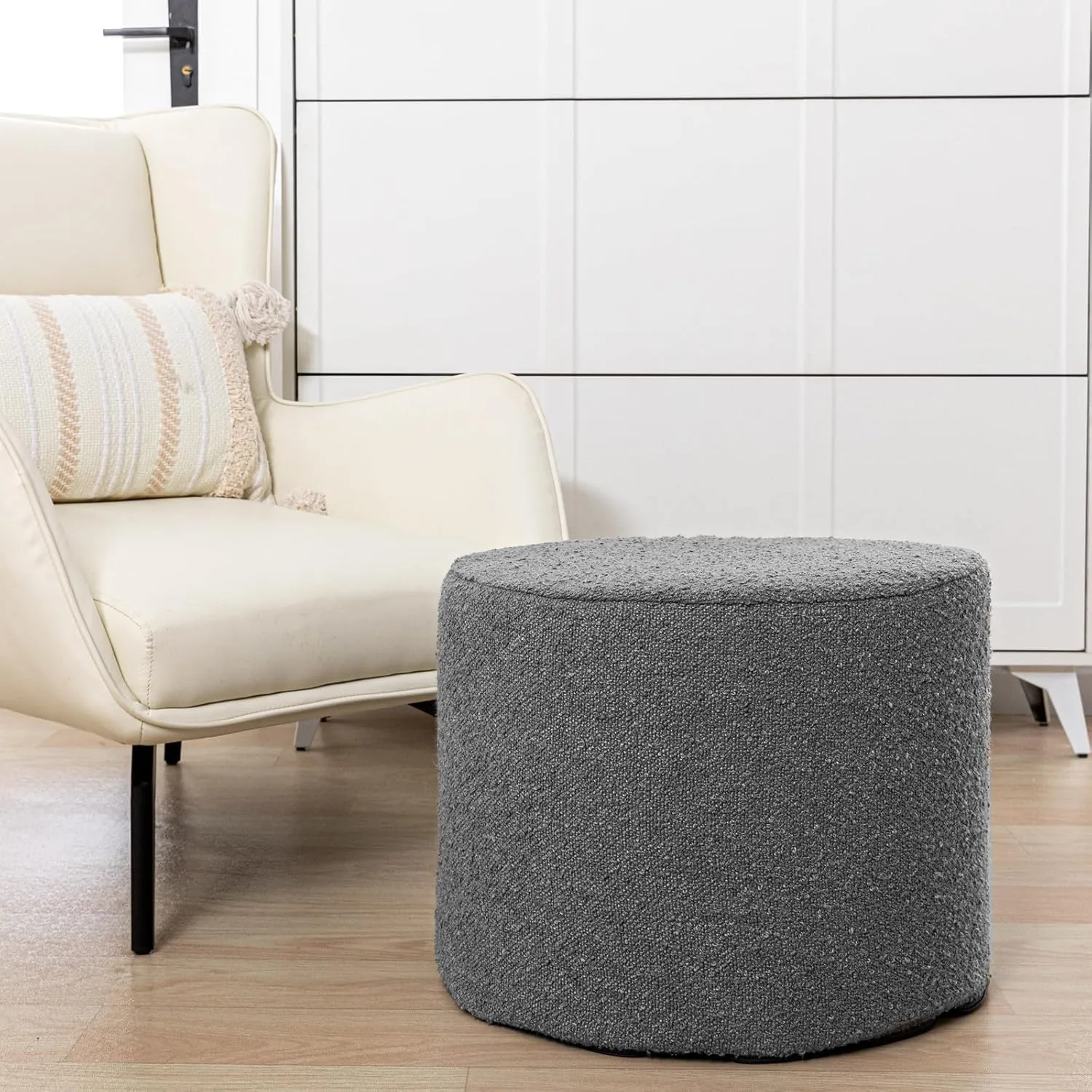 Asuprui Supportive Boucle Ottoman Foot Rest Elevate Your Living Room Decor with Lightweight Pouf Ottoman Filler and Comfort Cover Modern Foam Stuffed Poof Perfect to Rest Your Feet (Dark Gray)