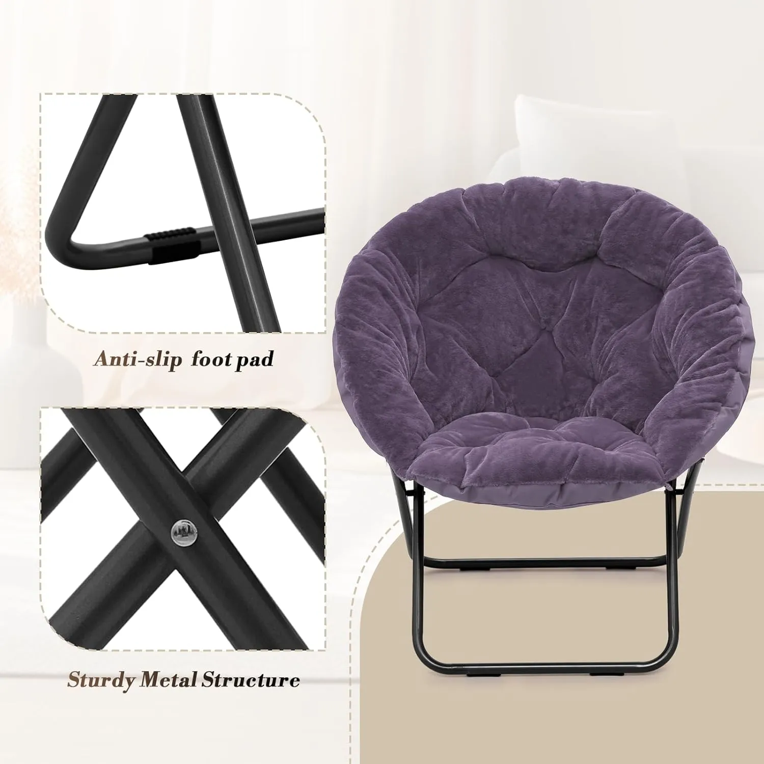 Athena Collection Round Saucer Chair with Ottoman Set of 2 for Adults, Oversize Comfy Cozy Faux Fur Reading Chair with Black Metal Leg, Folding for Living Room Bedroom Dorm Apartment, Purple