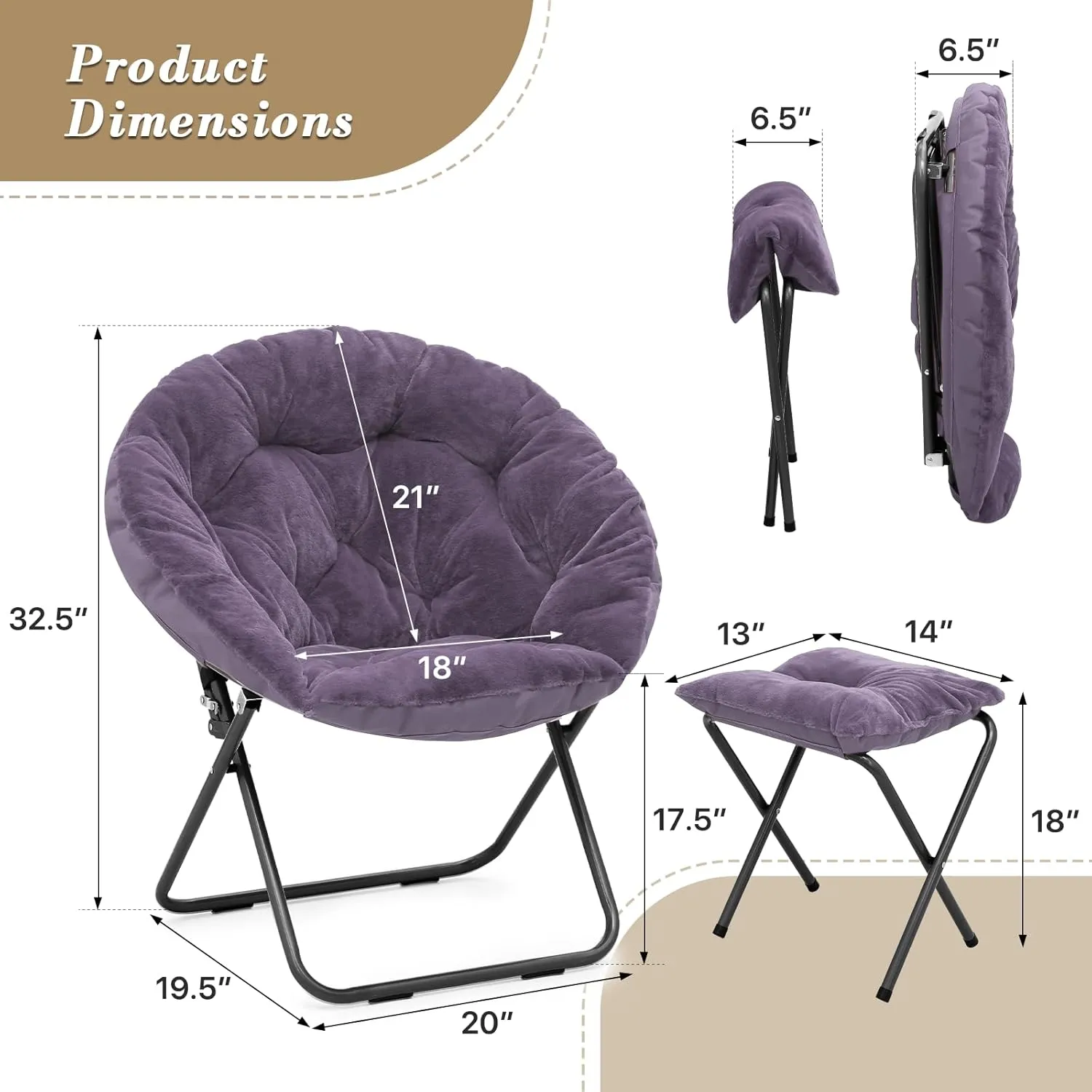 Athena Collection Round Saucer Chair with Ottoman Set of 2 for Adults, Oversize Comfy Cozy Faux Fur Reading Chair with Black Metal Leg, Folding for Living Room Bedroom Dorm Apartment, Purple