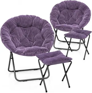 Athena Collection Round Saucer Chair with Ottoman Set of 2 for Adults, Oversize Comfy Cozy Faux Fur Reading Chair with Black Metal Leg, Folding for Living Room Bedroom Dorm Apartment, Purple