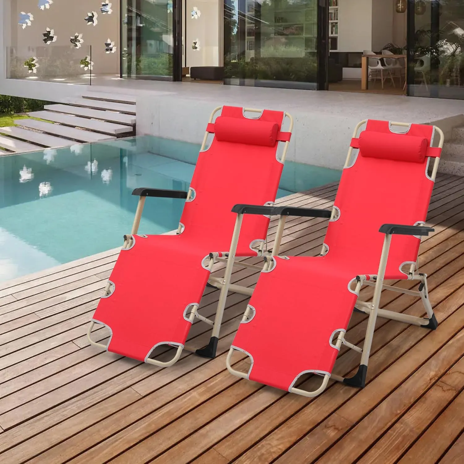 Athena Collection Zero Gravity Outdoor Lounge Chair Set of 2 with Headrest, 26" Width Reclining Pool Lounge Lawn Chairs Recliner, Outdoor Chaise for Beach Patio Backyard Outside, Red