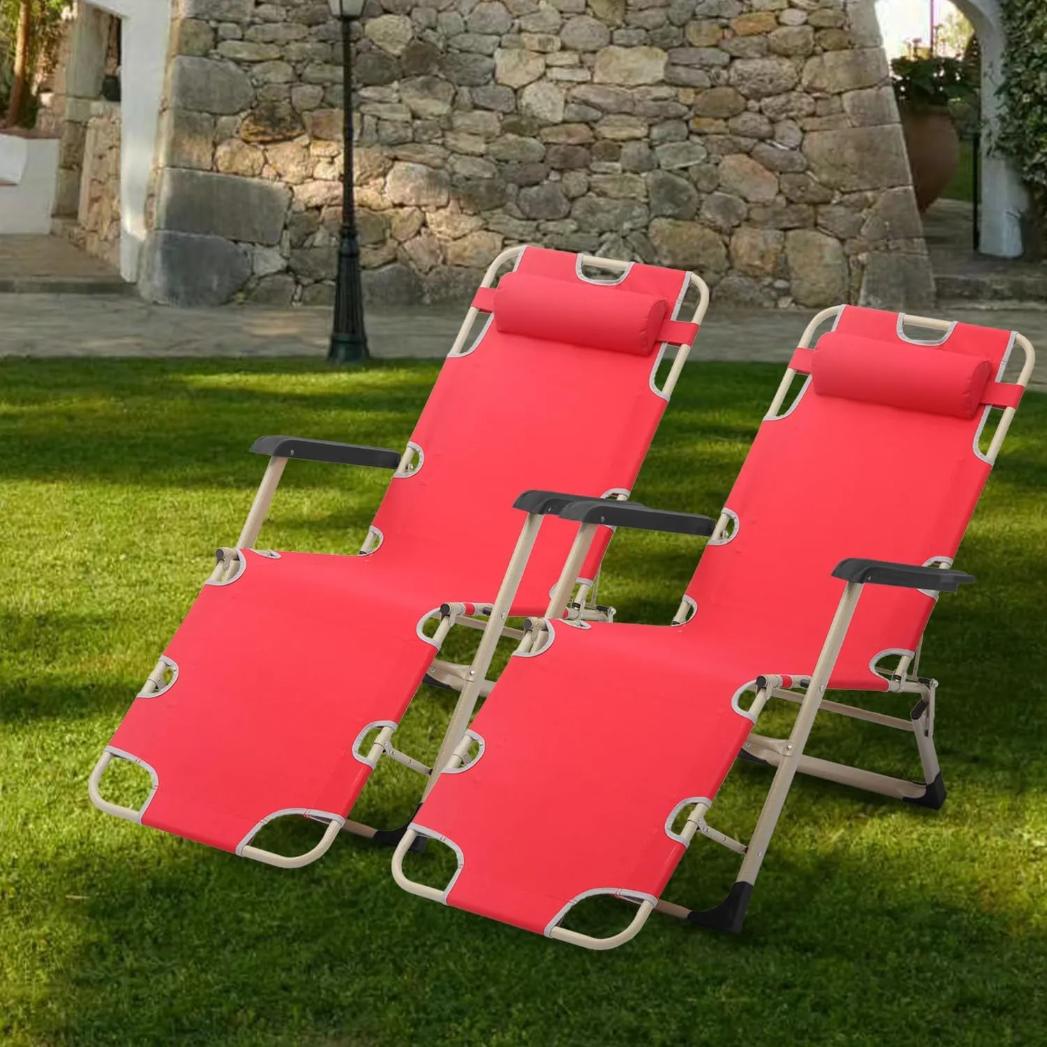 Athena Collection Zero Gravity Outdoor Lounge Chair Set of 2 with Headrest, 26" Width Reclining Pool Lounge Lawn Chairs Recliner, Outdoor Chaise for Beach Patio Backyard Outside, Red